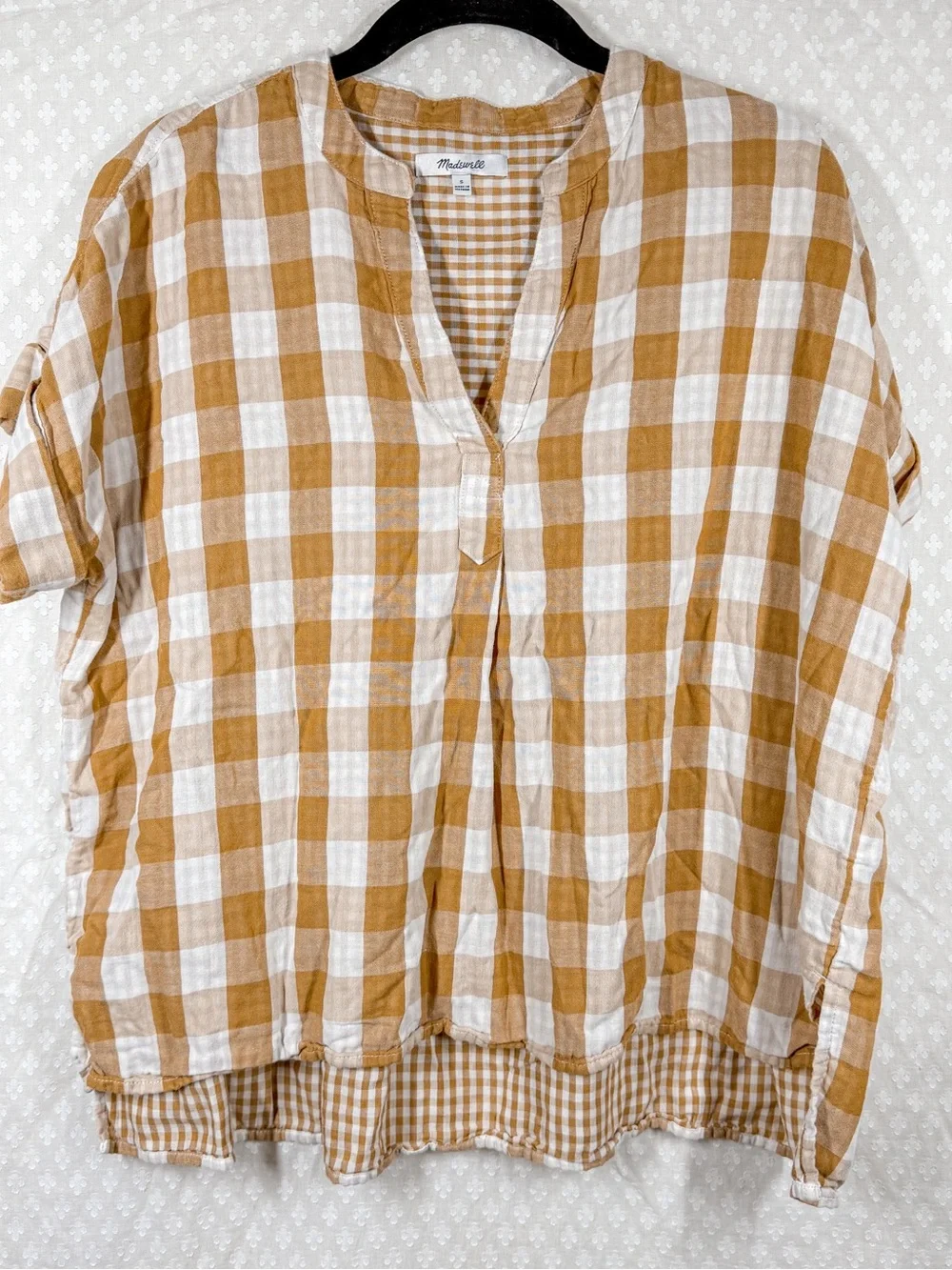Madewell Brown White Plaid‎ Short Sleeve Popover Top